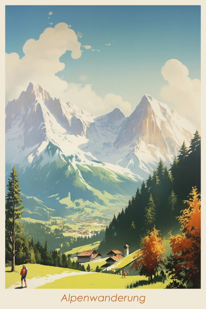Bayern Alpenwanderung Retro-Travel-Poster - Vintage Kunstdruck