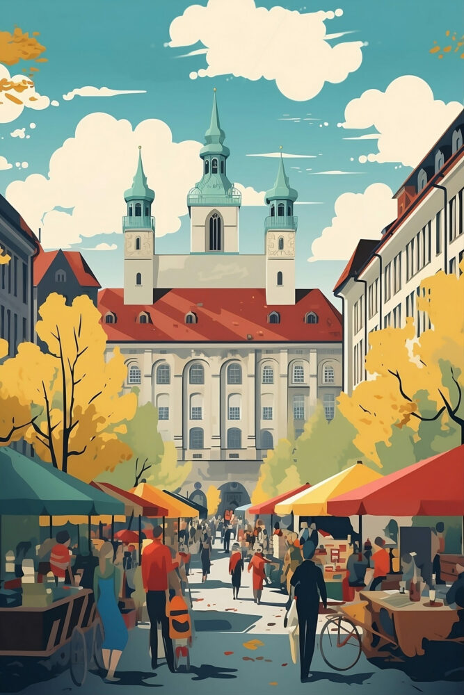 Travel Poster Markttag in Bayern - Vintage-Retro Kunstdruck