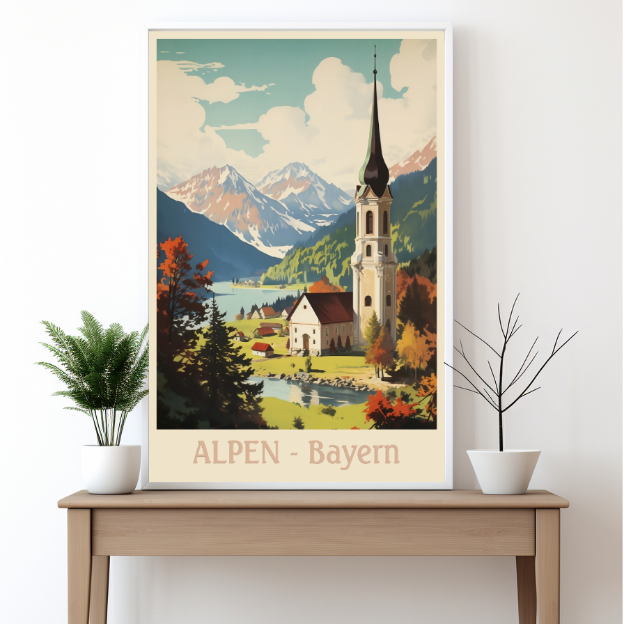 Alpenpanorama Bergdorf am Fluss Bayern - Reise Poster