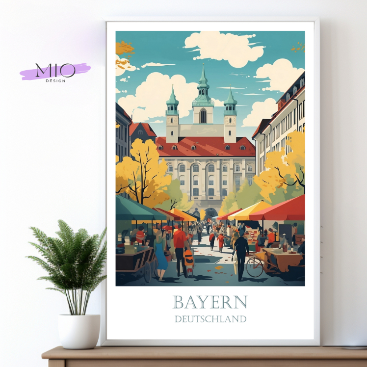 Travel Poster Markttag in Bayern - Vintage-Retro Kunstdruck