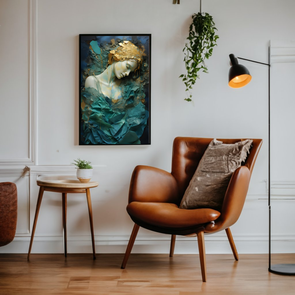 Mixed Media Kunstdruck Poster zum Download, in gold und türkis