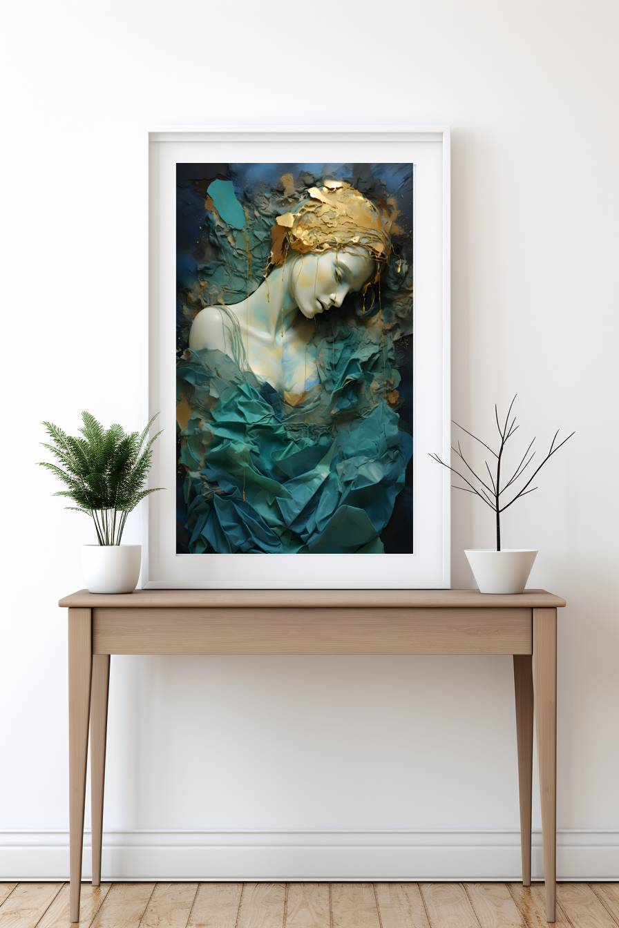 Mixed Media Kunstdruck Poster zum Download, in gold und türkis