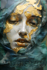 Mixed Media Kunst Collage Portrait einer Frau in blau und Gold