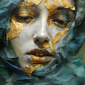 Mixed Media Kunst Collage Portrait einer Frau in blau und Gold