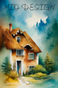 Mystisches Haus in der Natur in Mitten eines Waldes. Aquarellbild digital erstellt.