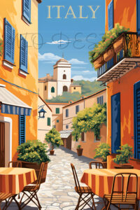 Travel Poster zeigt ein Strassencafe in einer kleinen italienischen Stadt in der Toscana. Ein buntes Bild in den typischen Farben der Toscana.