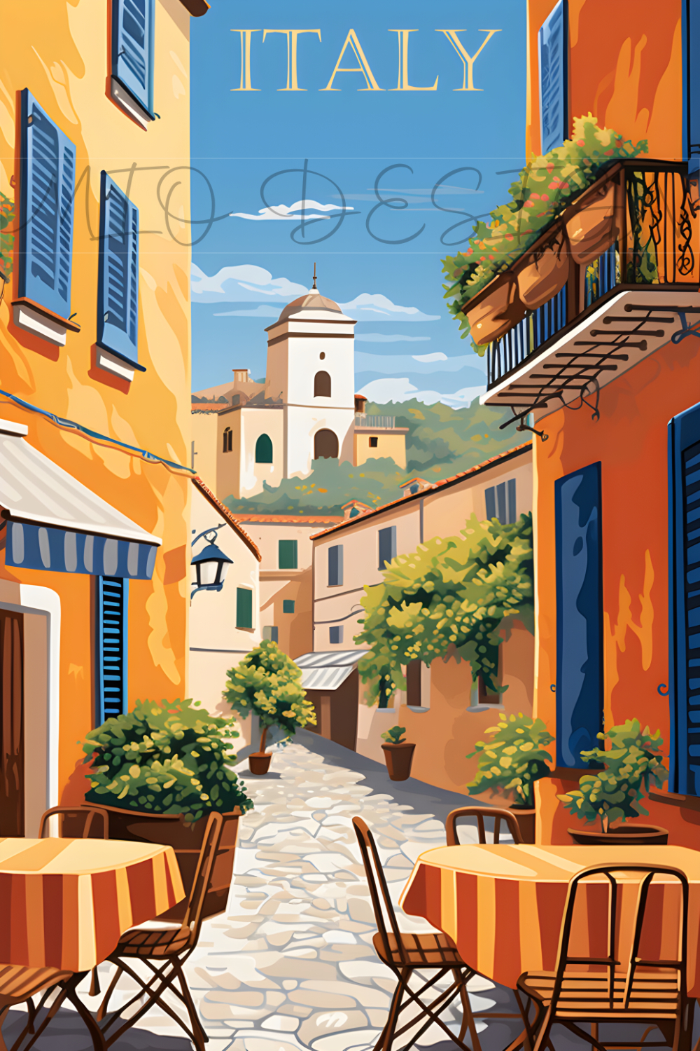Travel Poster zeigt ein Strassencafe in einer kleinen italienischen Stadt in der Toscana. Ein buntes Bild in den typischen Farben der Toscana.