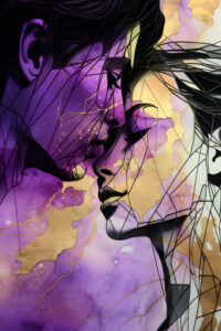 Digital erstelltes Aquarell-Kunstwerk, das ein Liebespaar zeigt. Die Farben sind in lila und gold gehalten, das Paar in schwarzer Lineart.