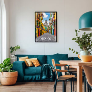 Travel Poster Mexiko, Nordamerika, Strassenszene Mexiko Stadt mit den typischen bunten Häusern dieser Gegend.