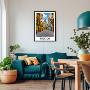 Travel Poster Mexiko, Nordamerika, Strassenszene Mexiko Stadt mit den typischen bunten Häusern dieser Gegend.