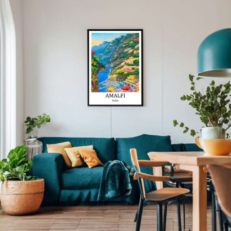 Travel Poster Amalfi, Italien, bunt. Blick auf die Amalfiküste und deren bunte Häuser