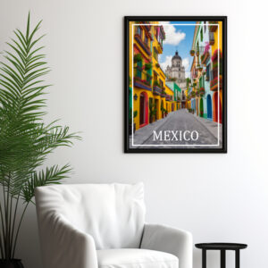 Travel Poster Mexiko, Nordamerika, Strassenszene Mexiko Stadt mit den typischen bunten Häusern dieser Gegend.