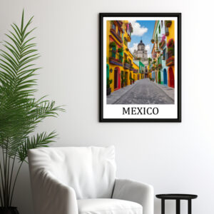 Travel Poster Mexiko, Nordamerika, Strassenszene Mexiko Stadt mit den typischen bunten Häusern dieser Gegend.