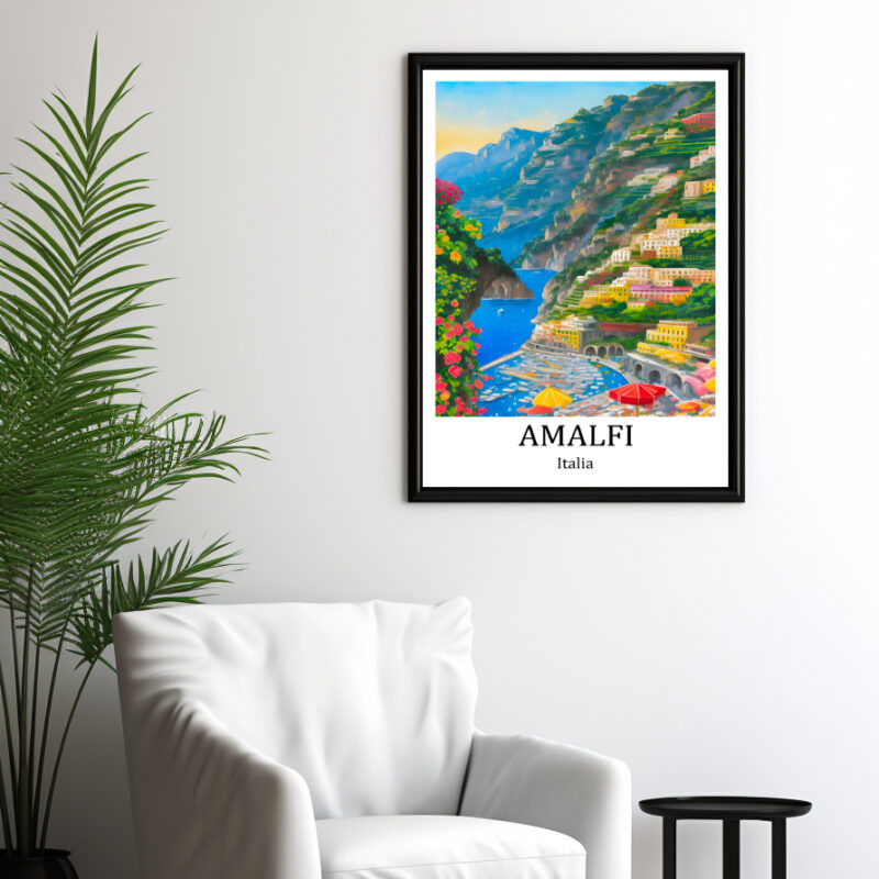 Travel Poster Amalfi, Italien, bunt. Blick auf die Amalfiküste und deren bunte Häuser