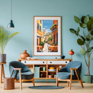 Travel Poster zeigt ein Strassencafe in einer kleinen italienischen Stadt in der Toscana. Ein buntes Bild in den typischen Farben der Toscana.