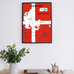 Reiseposter mit dem Umriss von Dänemark, individuell anpassbar mit Passendem Reisefahrzeug, Jahr und Namen der Teilnehmer