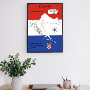 Reiseposter mit dem Umriss von Kroatien, individuell anpassbar mit Passendem Reisefahrzeug, Jahr und Namen der Teilnehmer