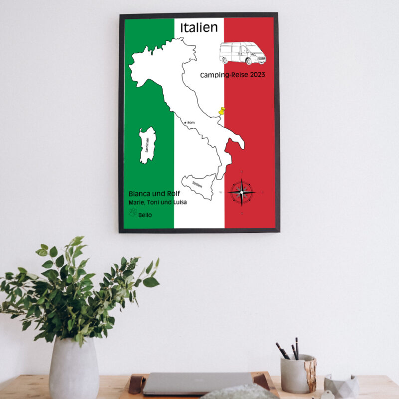 Reiseposter mit dem Umriss von Italien, individuell anpassbar mit Passendem Reisefahrzeug, Jahr und Namen der Teilnehmer