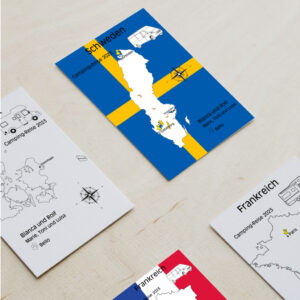 Reiseposter mit dem Umriss von Schweden, individuell anpassbar mit Passendem Reisefahrzeug, Jahr und Namen der Teilnehmer