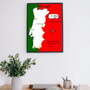Reiseposter mit dem Umriss von Portugal, individuell anpassbar mit Passendem Reisefahrzeug, Jahr und Namen der Teilnehmer