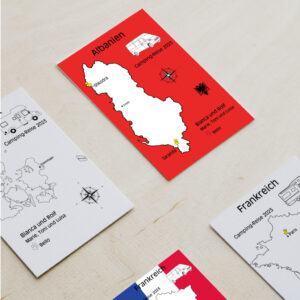 Reiseposter mit dem Umriss von Albanien, individuell anpassbar mit Passendem Reisefahrzeug, Jahr und Namen der Teilnehmer