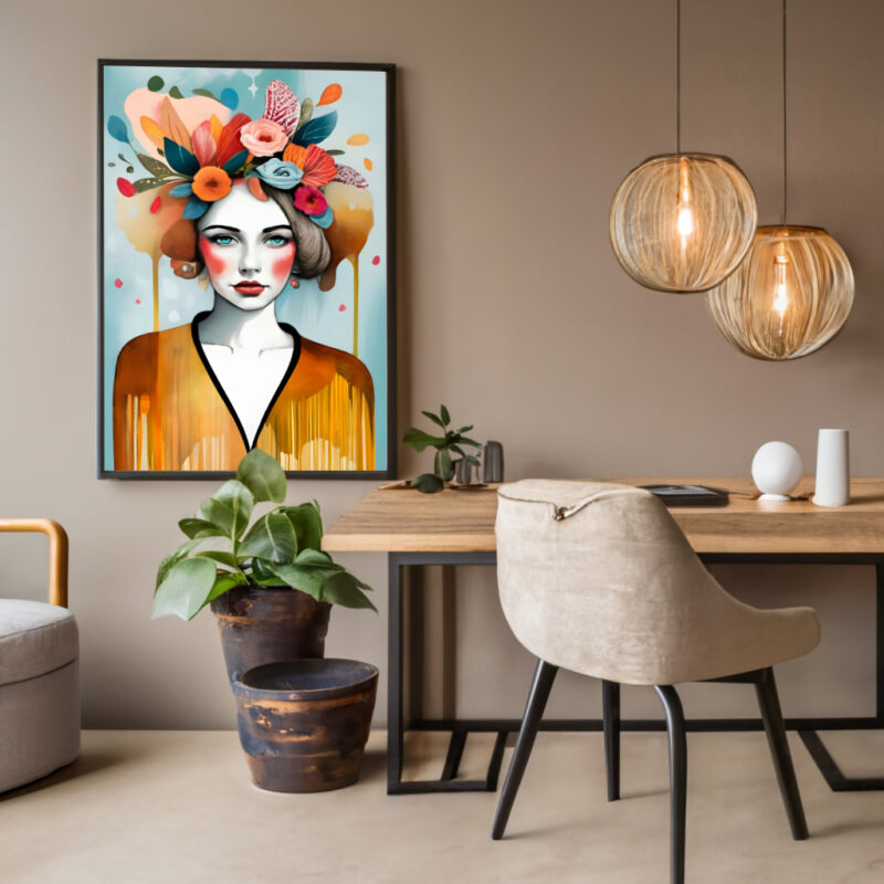Frauenkopf mit Blumen im Haar, Boho Kunstdruck zum Download. Schöne Wall Art im Boho Stil für Zuhause oder Büro