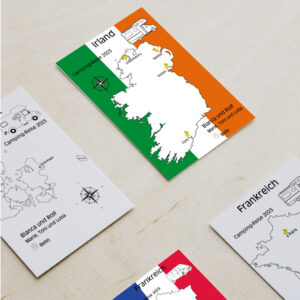 Reiseposter mit dem Umriss von Irland, individuell anpassbar mit Passendem Reisefahrzeug, Jahr und Namen der Teilnehmer