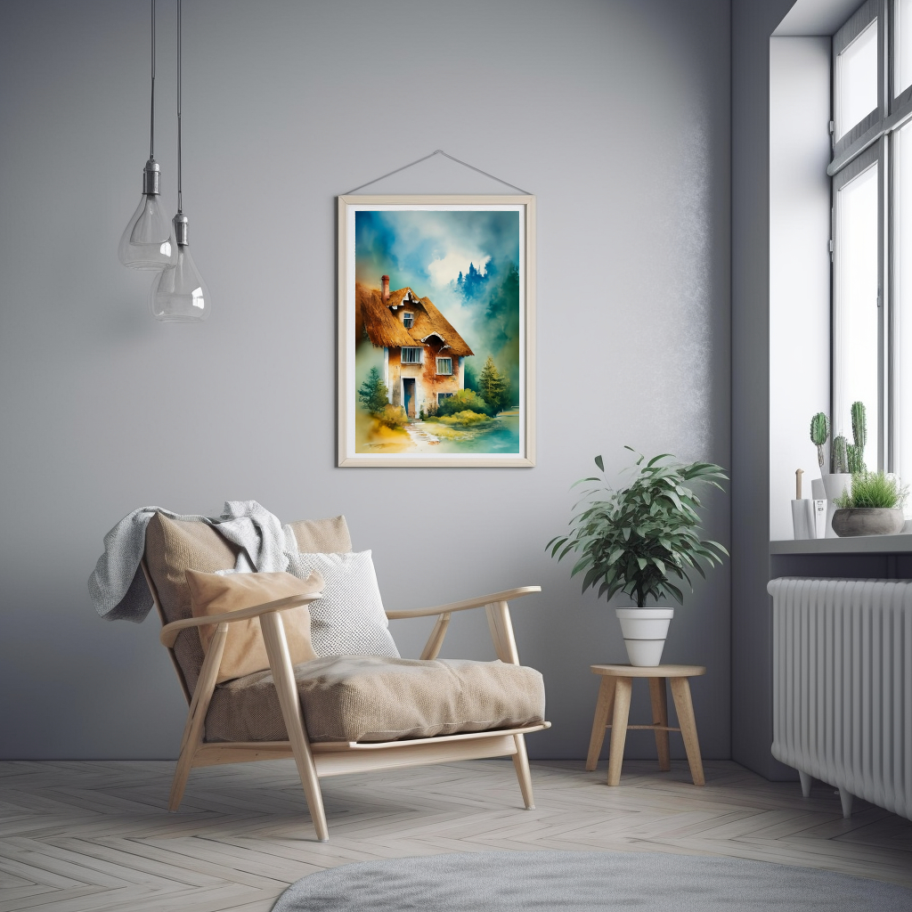 Mystisches Haus in der Natur in Mitten eines Waldes. Aquarellbild digital erstellt.