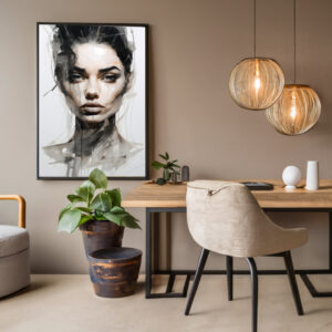 Ein Portrait in schwarz/weiß und Sandtönen. Digital erstelltes Aquarell Kunstwerk.