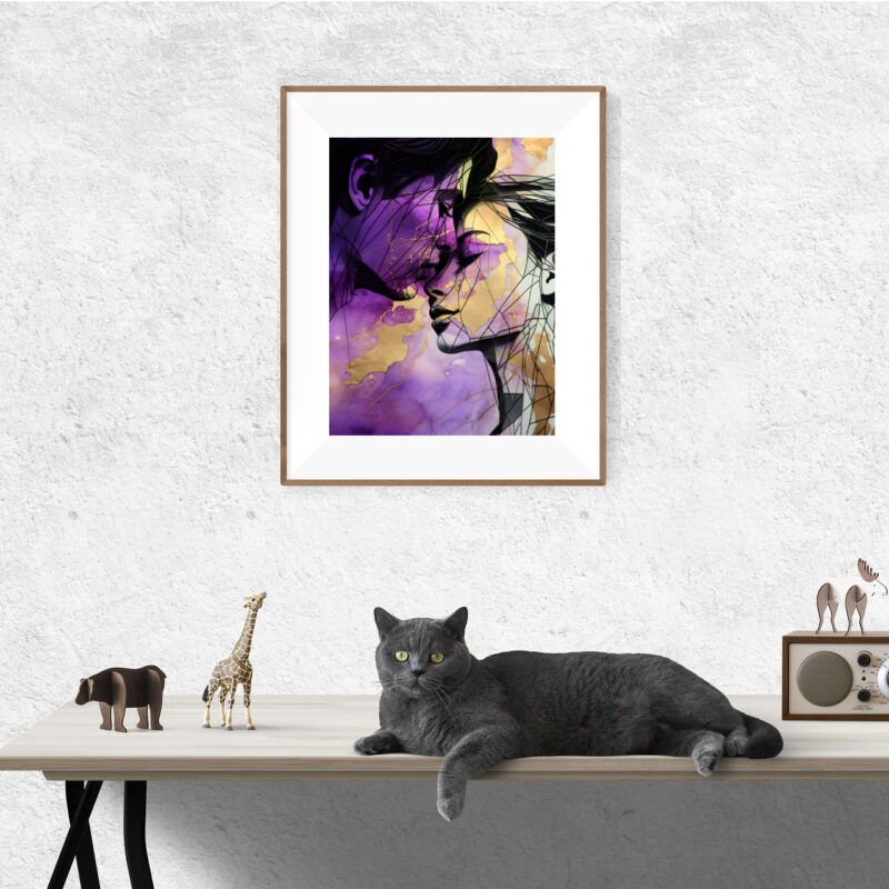 Digital erstelltes Aquarell-Kunstwerk, das ein Liebespaar zeigt. Die Farben sind in lila und gold gehalten, das Paar in schwarzer Lineart.
