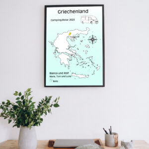 Reiseposter mit dem Umriss von Griechenland, individuell anpassbar mit Passendem Reisefahrzeug, Jahr und Namen der Teilnehmer