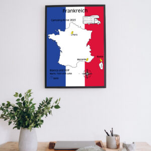 Reiseposter mit dem Umriss von Frankreich, individuell anpassbar mit Passendem Reisefahrzeug, Jahr und Namen der Teilnehmer