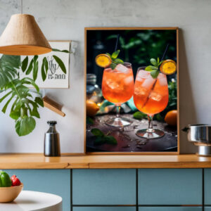 Poster Fotografie zwei Gläser, gefüllt mit Aperol Spritz mit Minze und Orange. Eiswürfel spritzen den Inhalt auf den Tisch