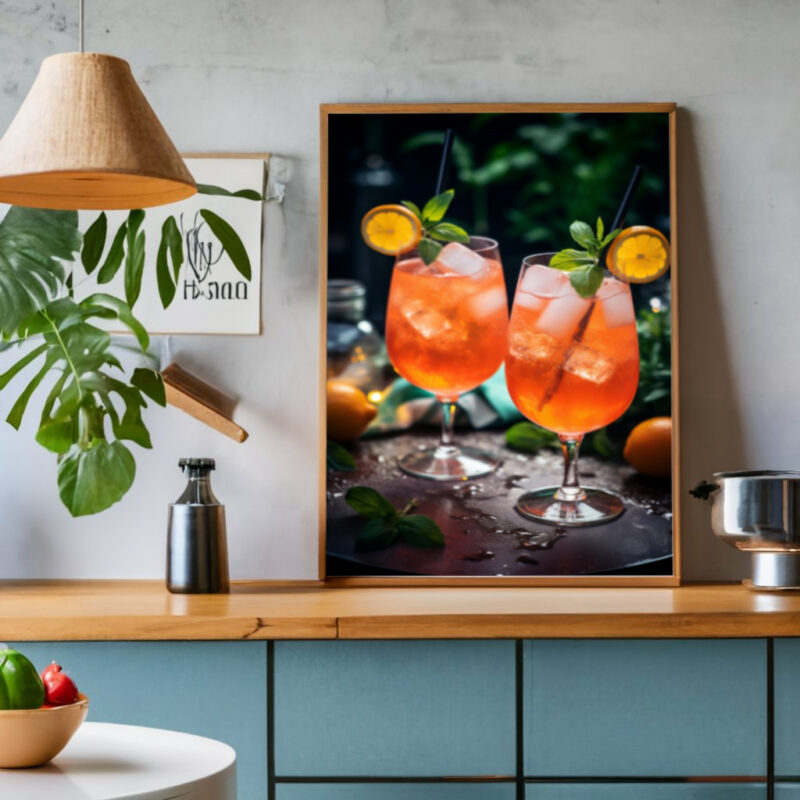 Poster Fotografie zwei Gläser, gefüllt mit Aperol Spritz mit Minze und Orange. Eiswürfel spritzen den Inhalt auf den Tisch