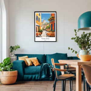 Travel Poster zeigt ein Strassencafe in einer kleinen italienischen Stadt in der Toscana. Ein buntes Bild in den typischen Farben der Toscana.
