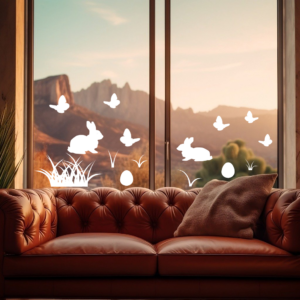 Osterhasen, Schmetterline und Ostereier aus weißem Vinyl. Selbstklebende Aufkleber, geeignet als Fensterbilder oder Sticker