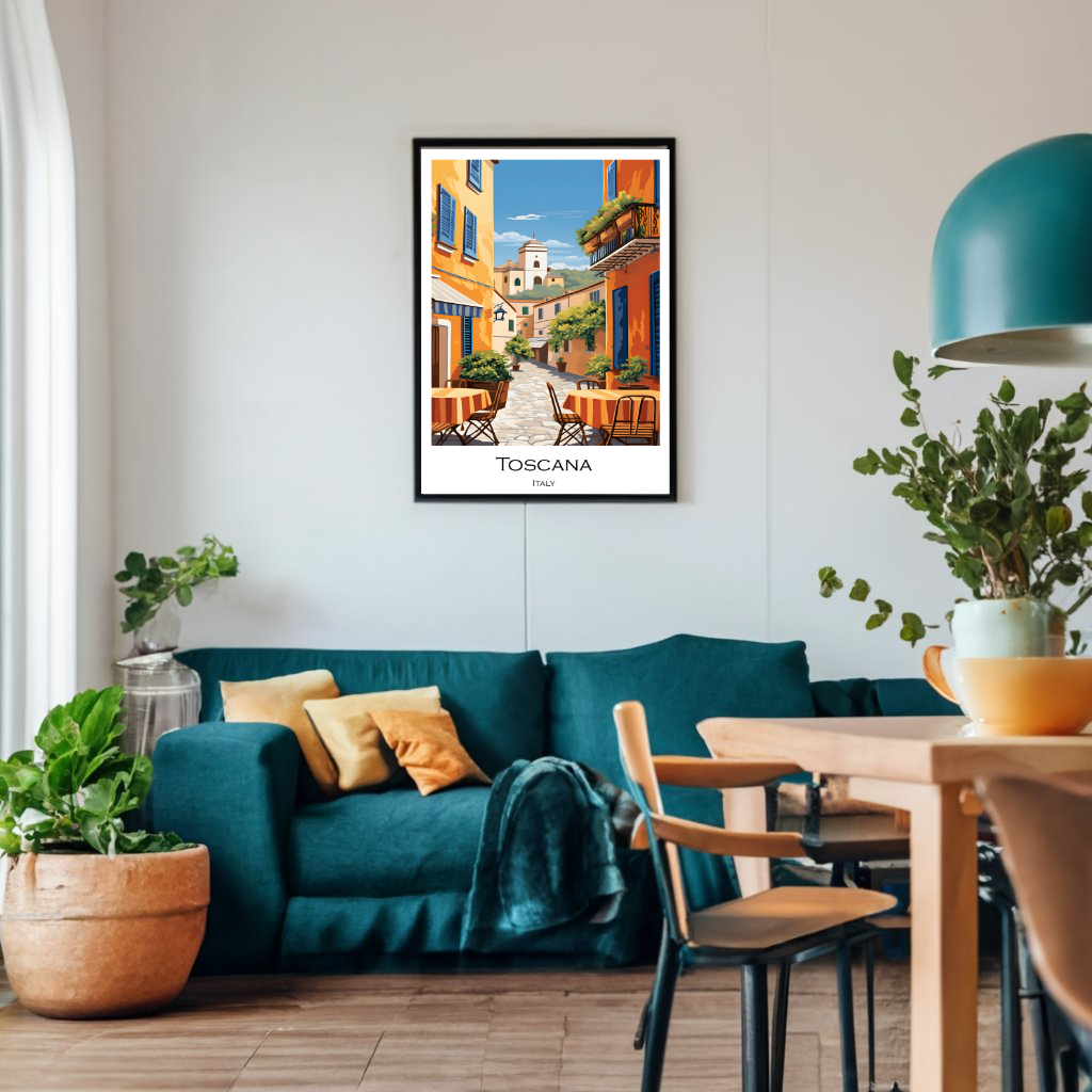 Travel Poster zeigt ein Strassencafe in einer kleinen italienischen Stadt in der Toscana. Ein buntes Bild in den typischen Farben der Toscana.