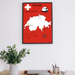 Reiseposter mit dem Umriss von Spanien, individuell anpassbar mit Passendem Reisefahrzeug, Jahr und Namen der Teilnehmer