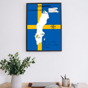 Reiseposter mit dem Umriss von Schweden, individuell anpassbar mit Passendem Reisefahrzeug, Jahr und Namen der Teilnehmer