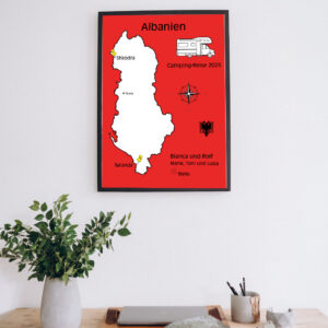 Reiseposter mit dem Umriss von Albanien, individuell anpassbar mit Passendem Reisefahrzeug, Jahr und Namen der Teilnehmer