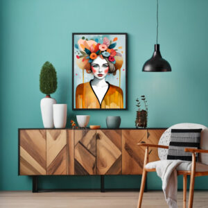 Frauenkopf mit Blumen im Haar, Boho Kunstdruck zum Download. Schöne Wall Art im Boho Stil für Zuhause oder Büro