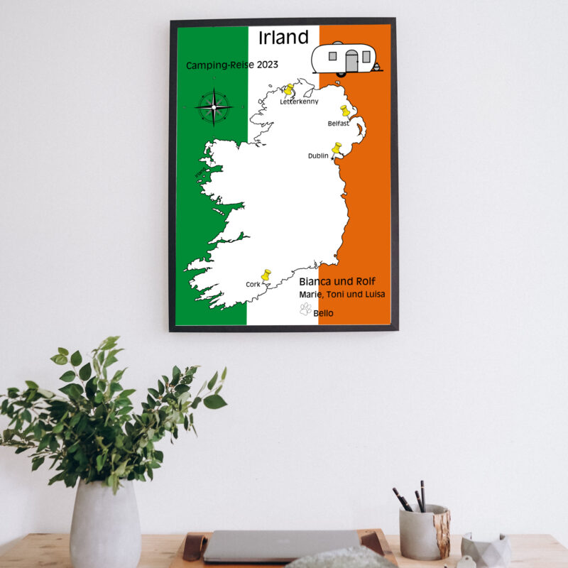 Reiseposter mit dem Umriss von Irland, individuell anpassbar mit Passendem Reisefahrzeug, Jahr und Namen der Teilnehmer