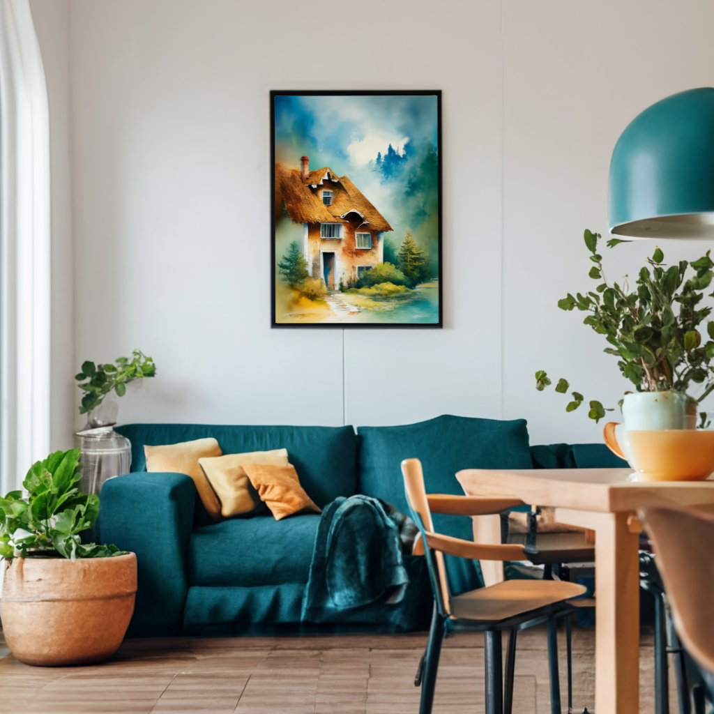 Mystisches Haus in der Natur in Mitten eines Waldes. Aquarellbild digital erstellt.