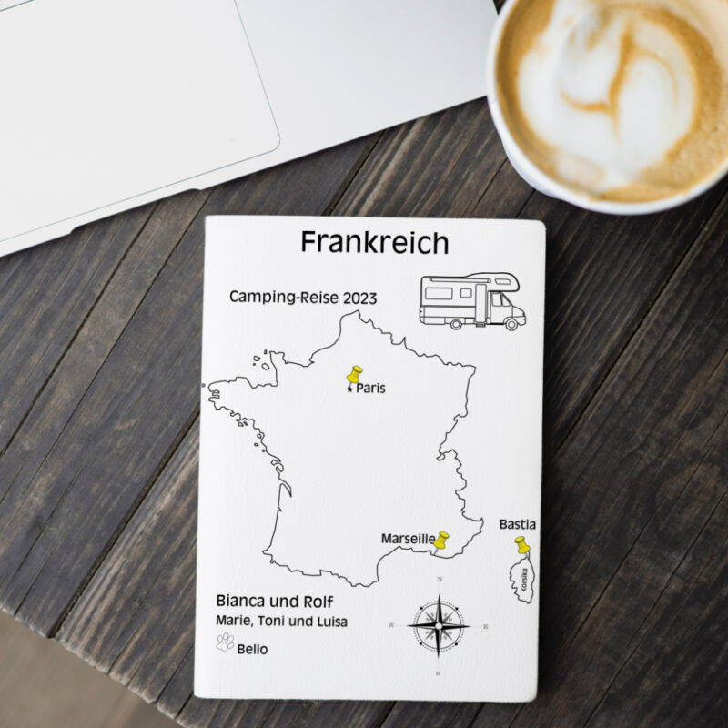 Reiseposter mit dem Umriss von Frankreich, individuell anpassbar mit Passendem Reisefahrzeug, Jahr und Namen der Teilnehmer