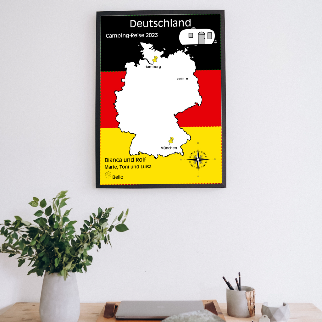 Reiseposter mit dem Umriss von Deutschland, individuell anpassbar mit Passendem Reisefahrzeug, Jahr und Namen der Teilnehmer