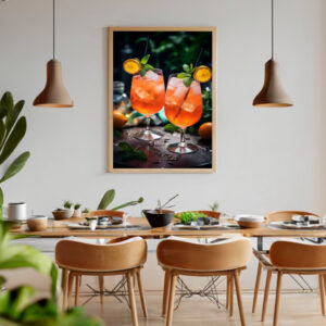 Poster Fotografie zwei Gläser, gefüllt mit Aperol Spritz mit Minze und Orange. Eiswürfel spritzen den Inhalt auf den Tisch