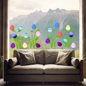Osterdeko Fensterbild. Selbsthaftende bunte Ostereier und Rankepflanze zum Anbringen auf das Fenster oder andere glatten Oberflächen