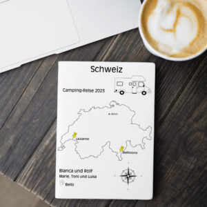 Reiseposter mit dem Umriss von Spanien, individuell anpassbar mit Passendem Reisefahrzeug, Jahr und Namen der Teilnehmer