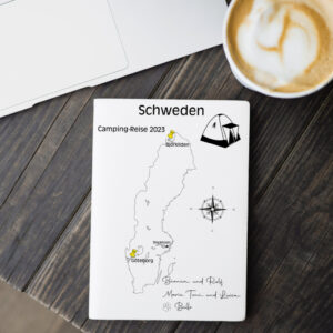 Reiseposter mit dem Umriss von Schweden, individuell anpassbar mit Passendem Reisefahrzeug, Jahr und Namen der Teilnehmer