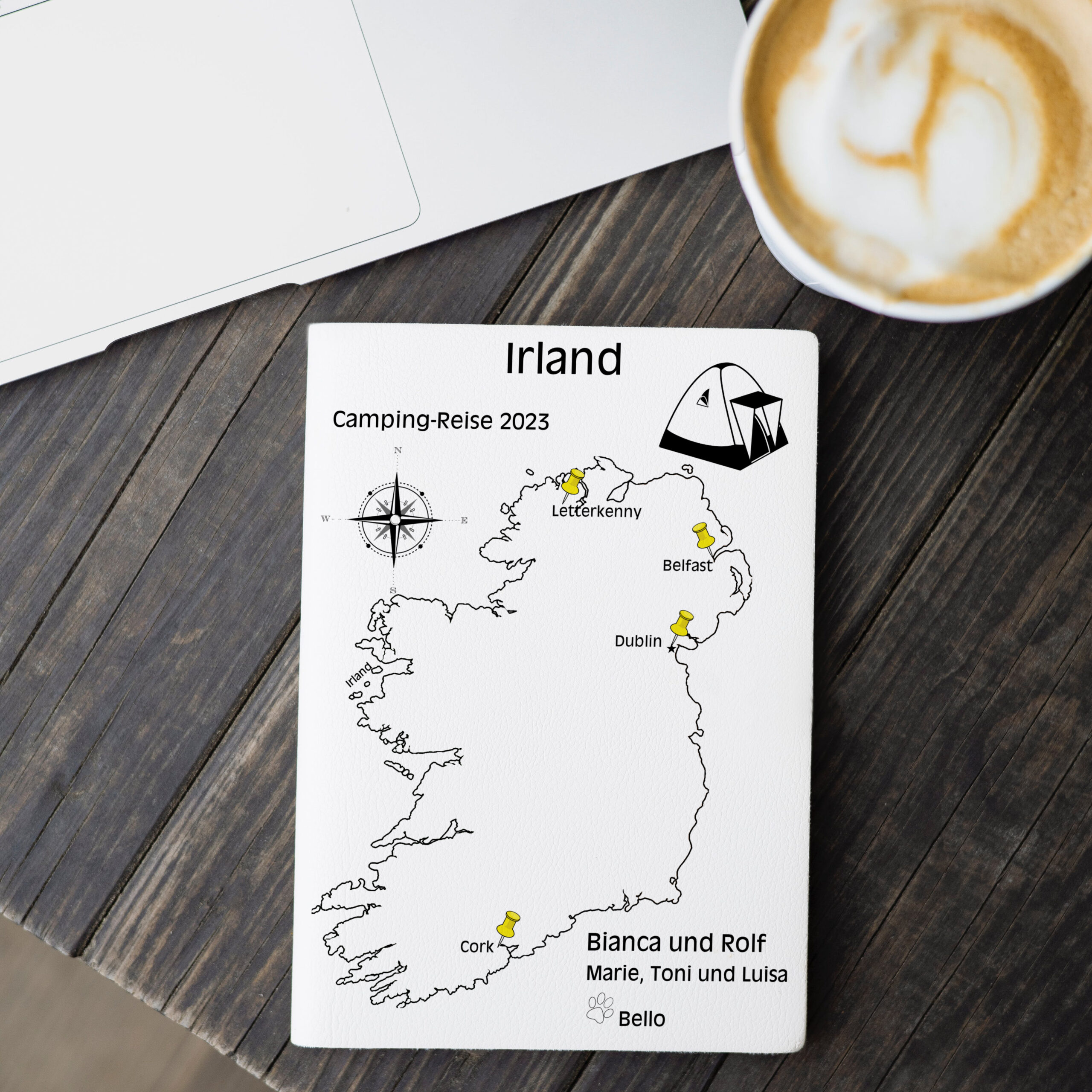 Reiseposter mit dem Umriss von Irland, individuell anpassbar mit Passendem Reisefahrzeug, Jahr und Namen der Teilnehmer